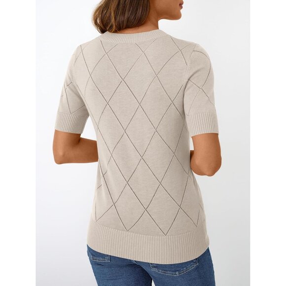 Womens Knit Sweater Lightweight Short Sleeve Hollow Out Wool Blend Top - Picture 4 of 5